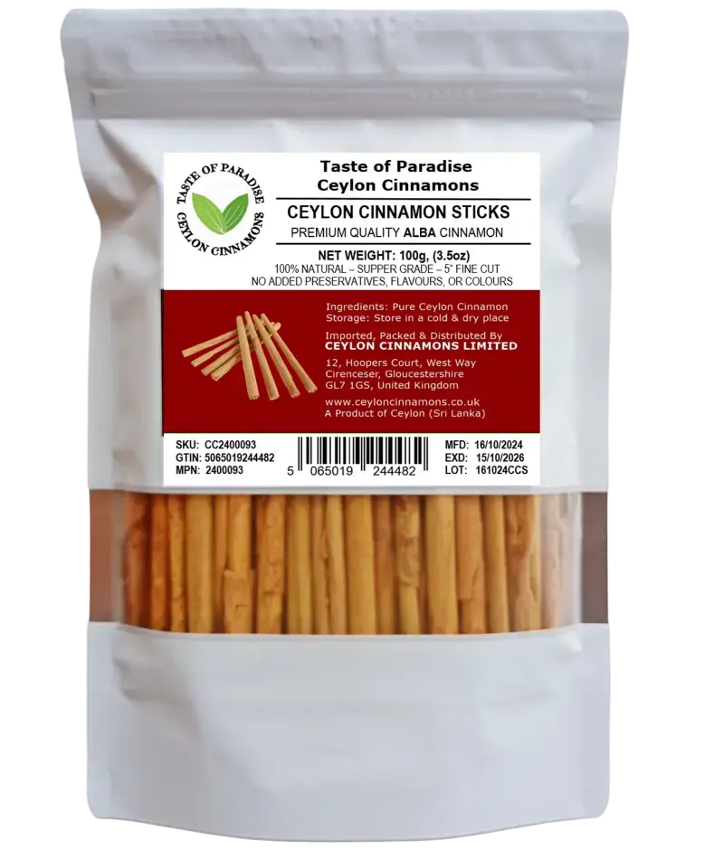 Alba Supper Grade Ceylon Cinnamon Sticks - 5" fine cut, 100g (3.5oz) - True Cinnamon, 100% Natural, Organic, Pure Cinnamon, Premium Grade