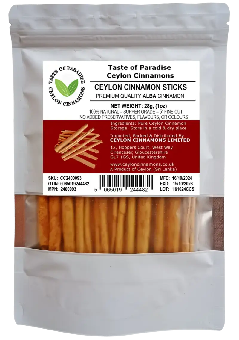 Alba Supper Grade Ceylon Cinnamon Sticks - 5" fine cut, 28g (1 oz) - True Cinnamon, 100% Natural, Organic, Pure Cinnamon, Premium Grade