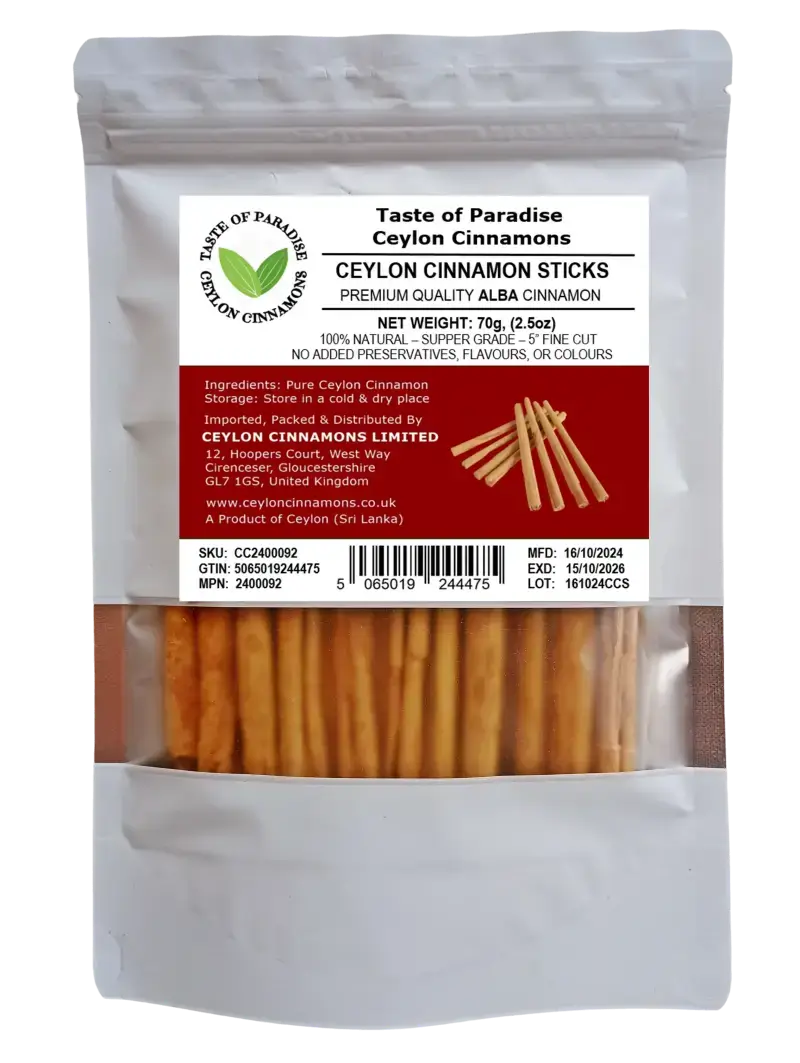 Alba Supper Grade Ceylon Cinnamon Sticks - 5" fine cut, 70g (2.5oz) - True Cinnamon, 100% Natural, Organic, Pure Cinnamon, Premium Grade