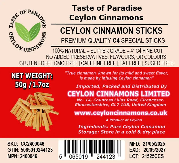 Ceylon Cinnamon Sticks - 4"fine cut, 50g (1.7oz) - True Cinnamon / Pure Ceyion Cinnamon, Premium Grade