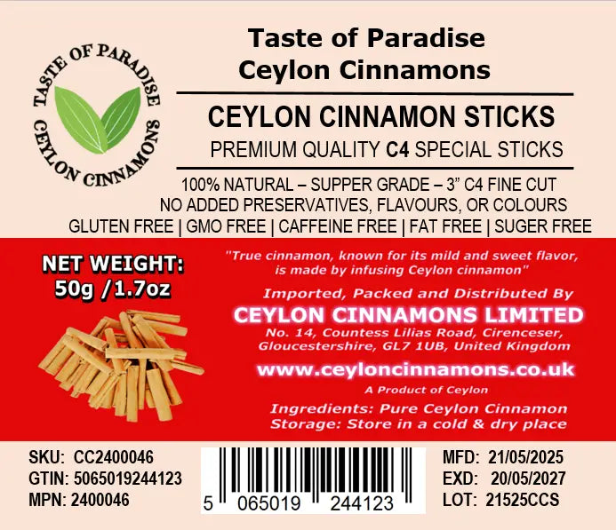 Ceylon Cinnamon Sticks - 3"fine cut, 50g (1.7oz) - True Cinnamon / Pure Ceyion Cinnamon, Premium Grade