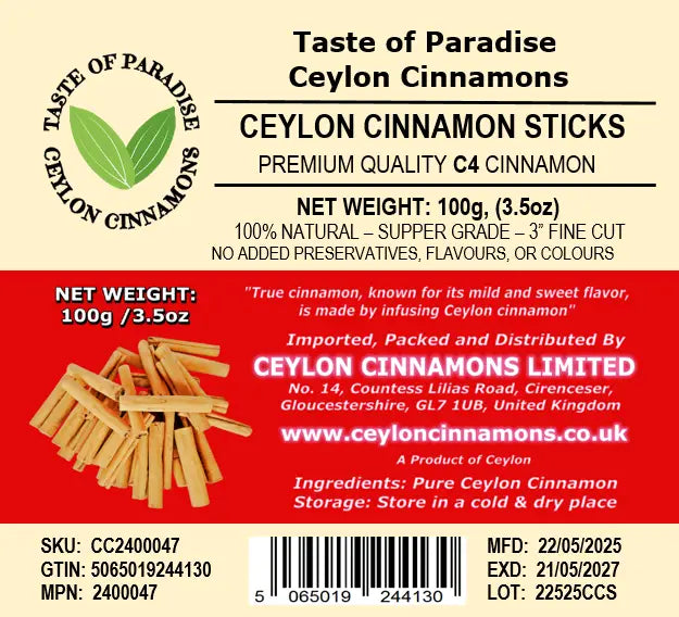 Ceylon Cinnamon Sticks - 3" fine cut, 100g (3.5oz) - C5 Premium Special Grade - Pure/True Cinnamon - USDA Certified 100% Organic