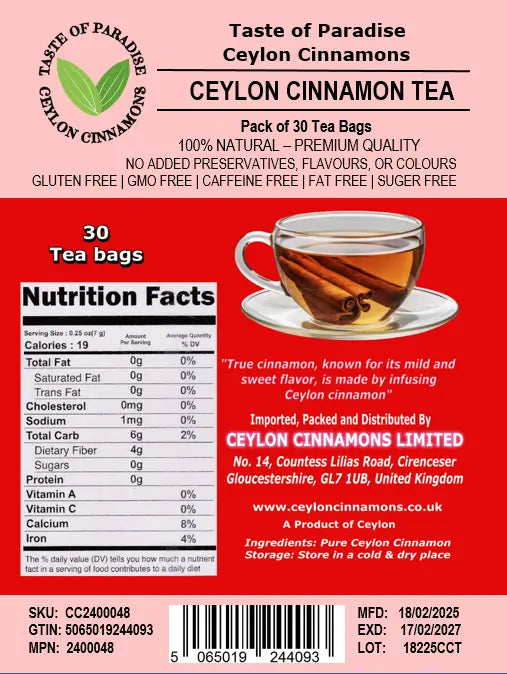Ceylon Cinnamon Tea, 30 tea bags, Premium Quality, 100% Natural, Sugar Free, Gluten Free, Fat Free, Non GMO, No Additives, No Preservatives, Harvested by hand