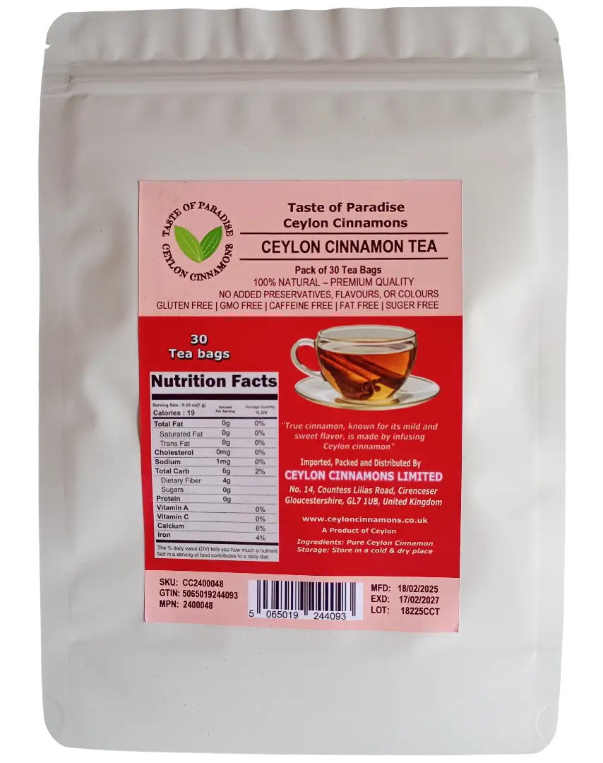 Ceylon Cinnamon Tea, 30 tea bags, Premium Quality, 100% Natural, Sugar Free, Gluten Free, Fat Free, Non GMO, No Additives, No Preservatives, Harvested by hand