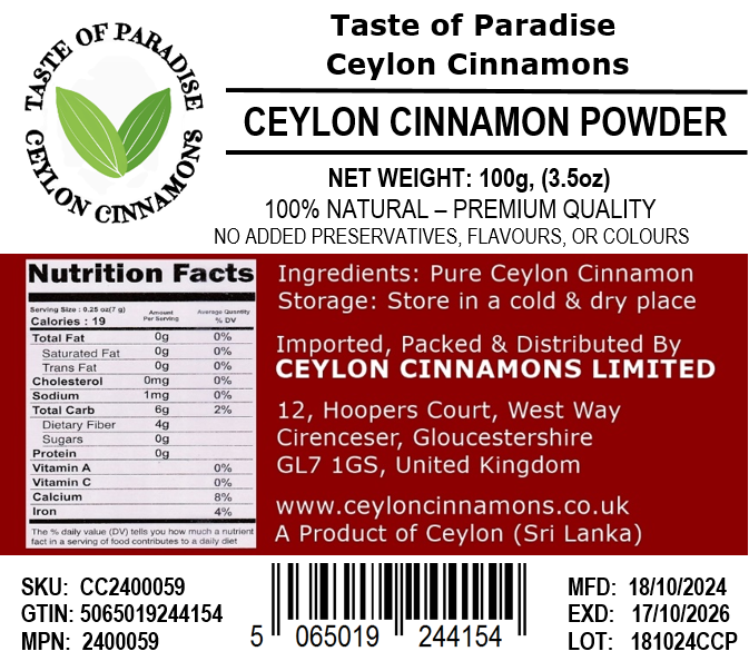 Ceylon Cinnamon Powder 100g (3.5oz) - 100% Natural, Premium Grade, UK Seller