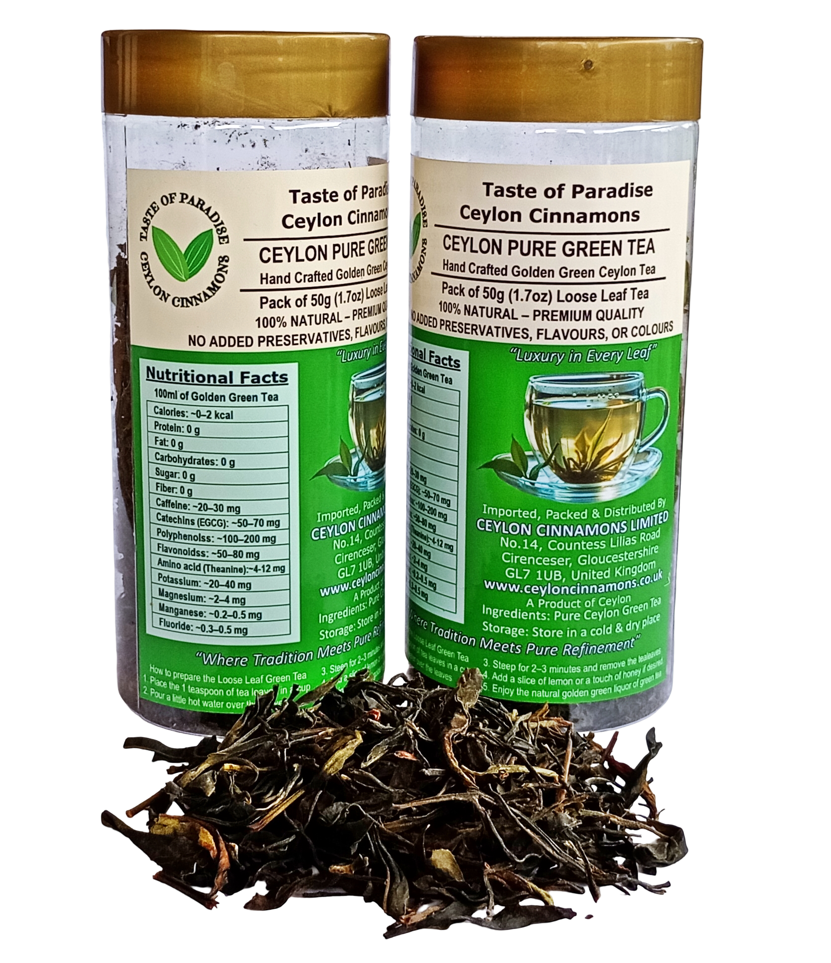 Green Tea Loose Leaf Tea 50g Handy Pack, Ceylon Pure Golden Green, Hand Crafted