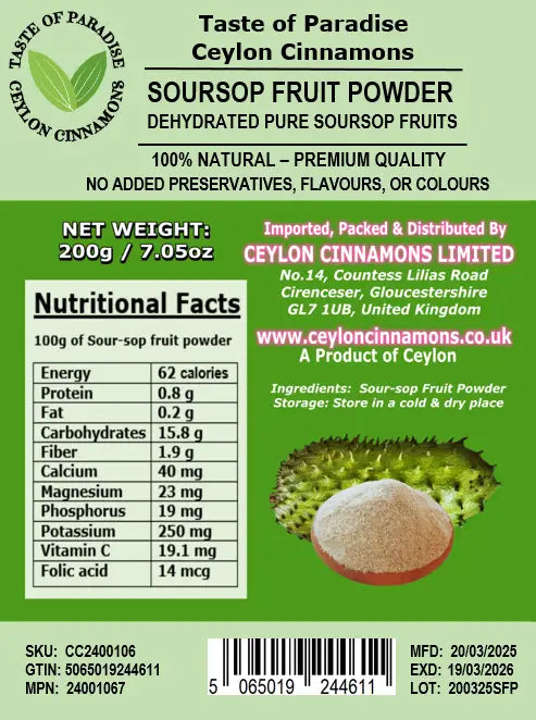 Soursop Fruit Powder, 200g, Dehydrated 100% Pure & Natural, Grade A Healthy Tasty Fruit Powder