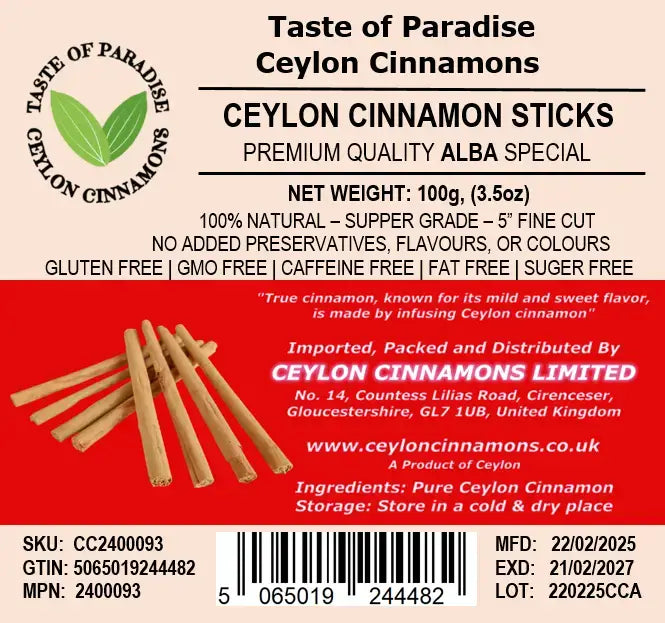 Alba Supper Grade Ceylon Cinnamon Sticks - 5" fine cut, 100g (3.5oz) - True Cinnamon,  100% Natural, Pure Cinnamon, Premium Grade
