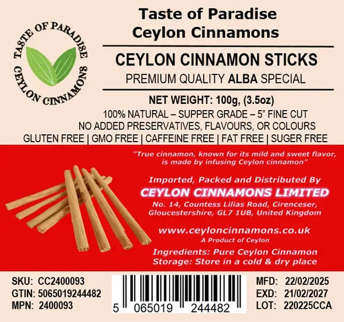 Alba Supper Grade Ceylon Cinnamon Sticks - 5" fine cut, 100g (3.5oz) - True Cinnamon,  100% Natural, Pure Cinnamon, Premium Grade