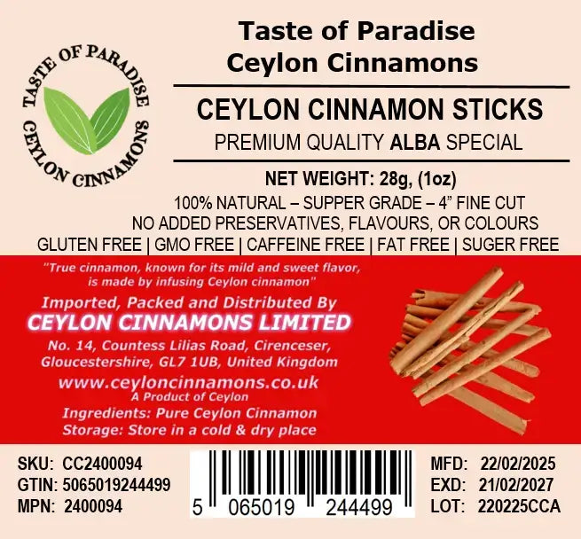 Alba Supper Grade Ceylon Cinnamon Sticks - 5" fine cut, 28g (1 oz) - True Cinnamon,  100% Natural, Pure Cinnamon, Premium Grade, UK Seller