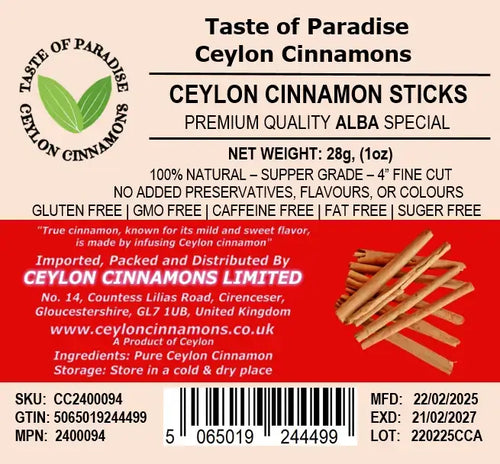 Alba Supper Grade Ceylon Cinnamon Sticks - 5" fine cut, 28g (1 oz) - True Cinnamon,  100% Natural, Pure Cinnamon, Premium Grade, UK Seller