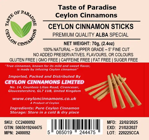 Alba Supper Grade Ceylon Cinnamon Sticks - 5" fine cut, 70g (2.5oz) - True Cinnamon,  100% Natural, Pure Cinnamon, Premium Grade, UK Seller