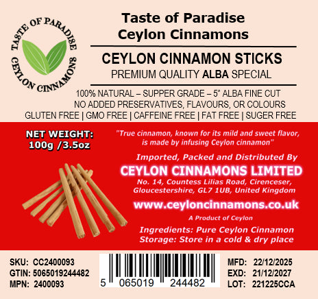Alba Supper Grade Ceylon Cinnamon Sticks - 5" fine cut, 100g (3.5oz) - True Cinnamon,  100% Natural, Pure Cinnamon, Premium Grade
