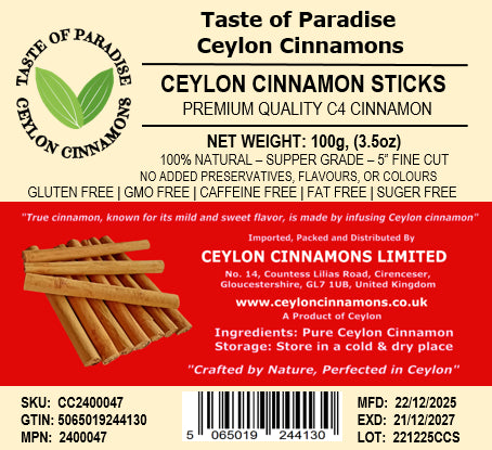 Ceylon Cinnamon Sticks - C4 Fine Cut - 100g (3.5oz) - Premium Special Grade - Pure/True Cinnamon - 100% Natural