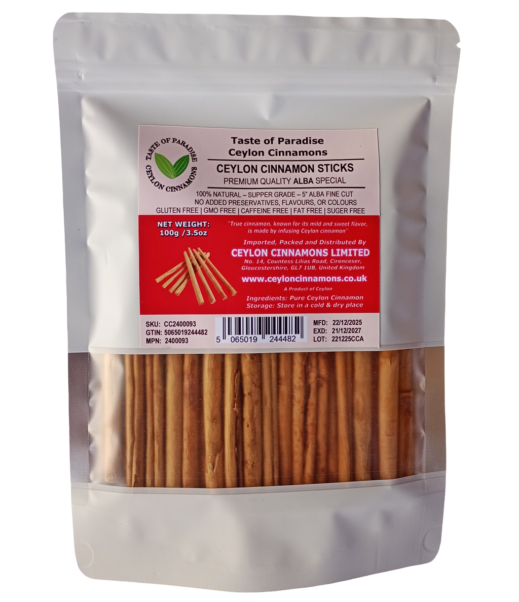Alba Supper Grade Ceylon Cinnamon Sticks - 5" fine cut, 100g (3.5oz) - True Cinnamon,  100% Natural, Pure Cinnamon, Premium Grade