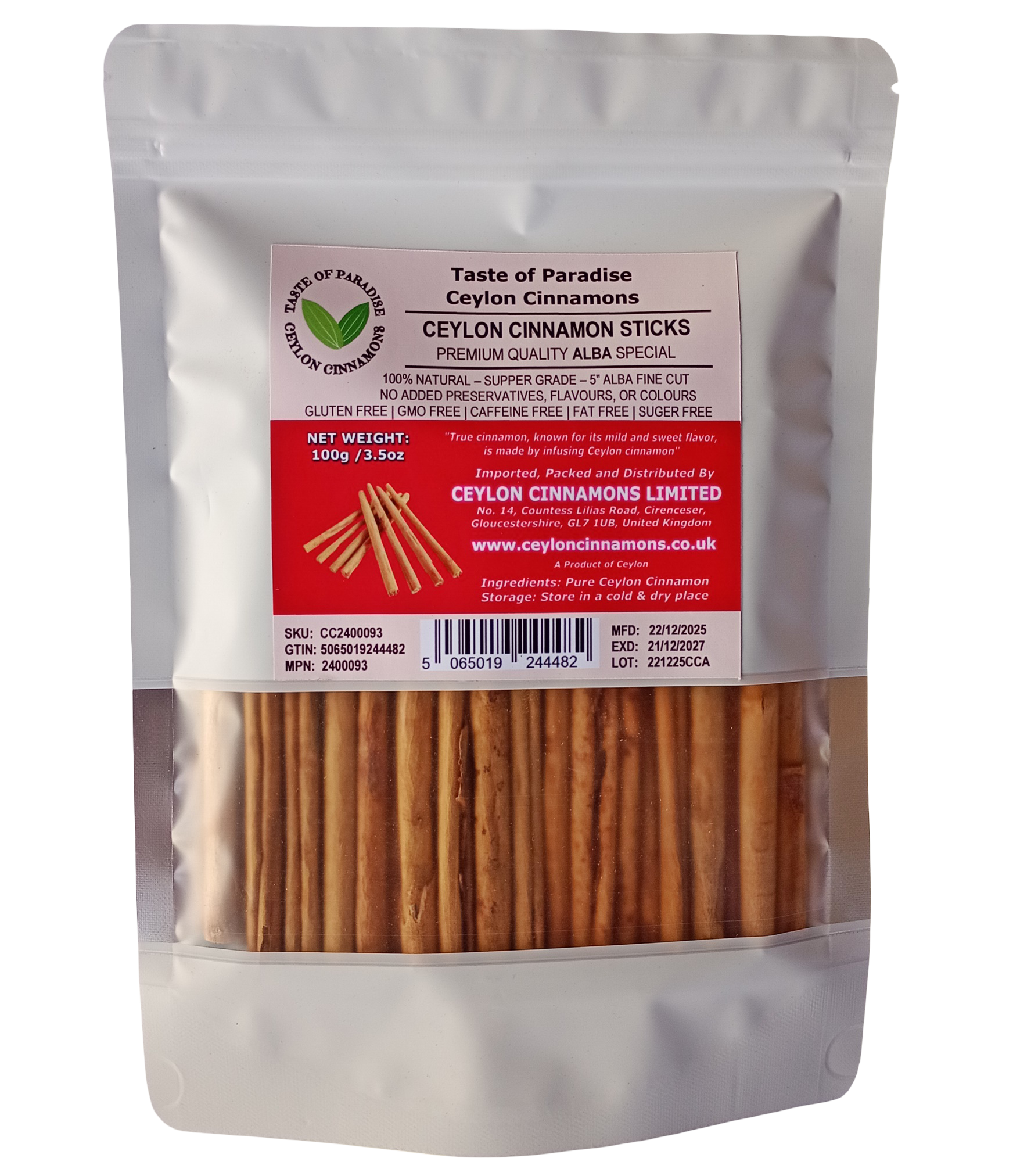 Alba Supper Grade Ceylon Cinnamon Sticks - 5" fine cut, 100g (3.5oz) - True Cinnamon,  100% Natural, Pure Cinnamon, Premium Grade