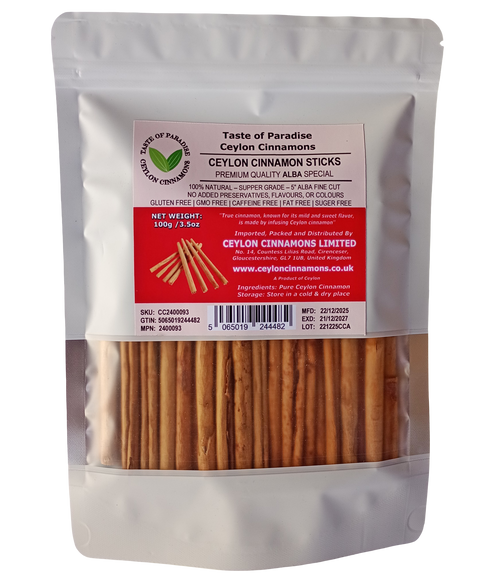 Alba Supper Grade Ceylon Cinnamon Sticks - 5" fine cut, 100g (3.5oz) - True Cinnamon,  100% Natural, Pure Cinnamon, Premium Grade