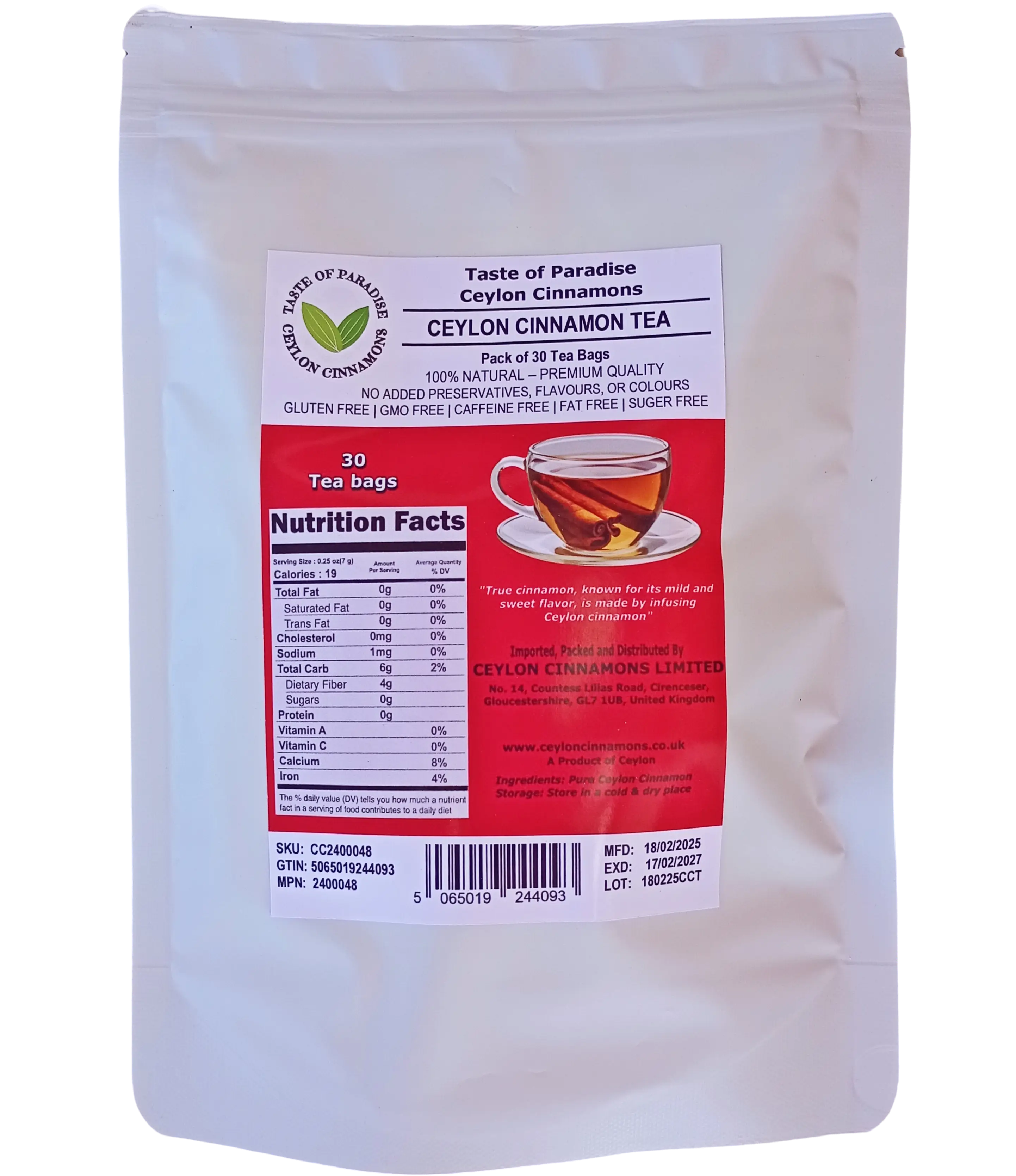 Ceylon Cinnamon Tea, pack of 30 tea bags, 150g, 100% Organic, USDA Certified, Premium Grade, UK Seller