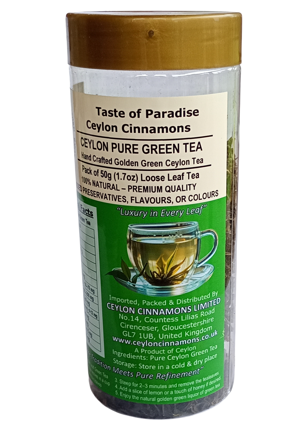 Green Tea Loose Leaf Tea 50g Handy Pack, Ceylon Pure Golden Green, Hand Crafted