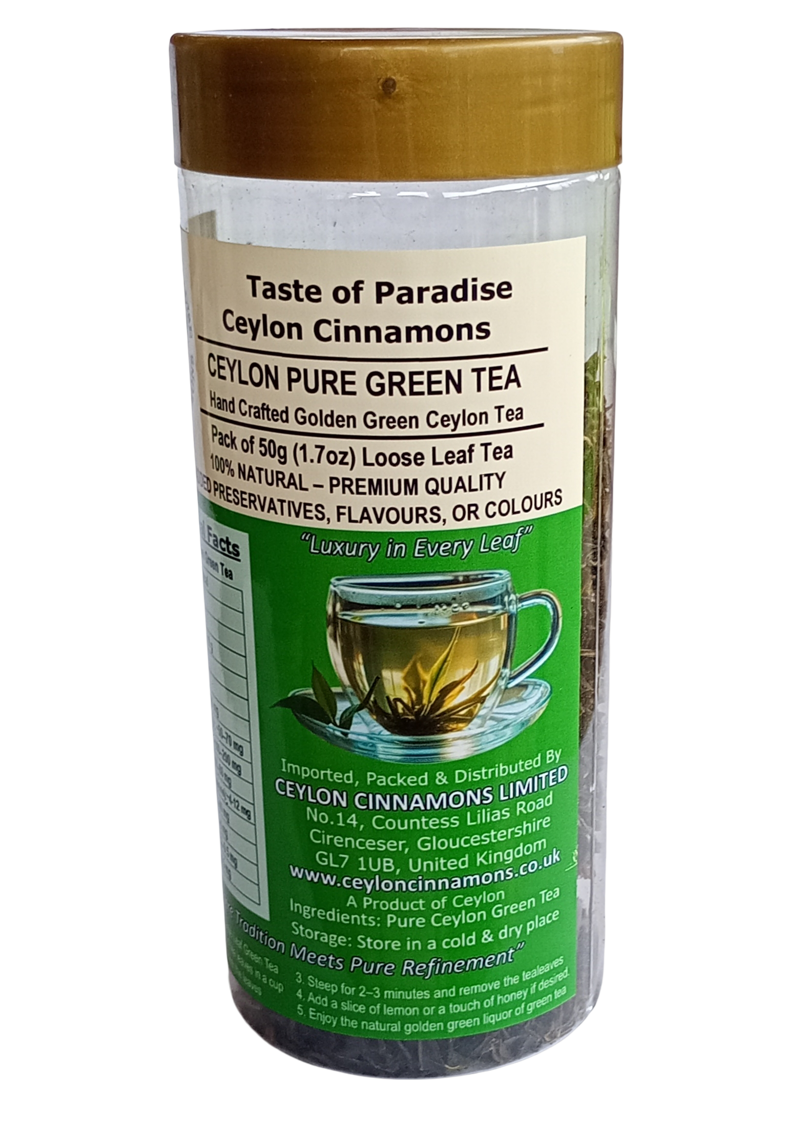 Green Tea Loose Leaf Tea 50g Handy Pack, Ceylon Pure Golden Green, Hand Crafted