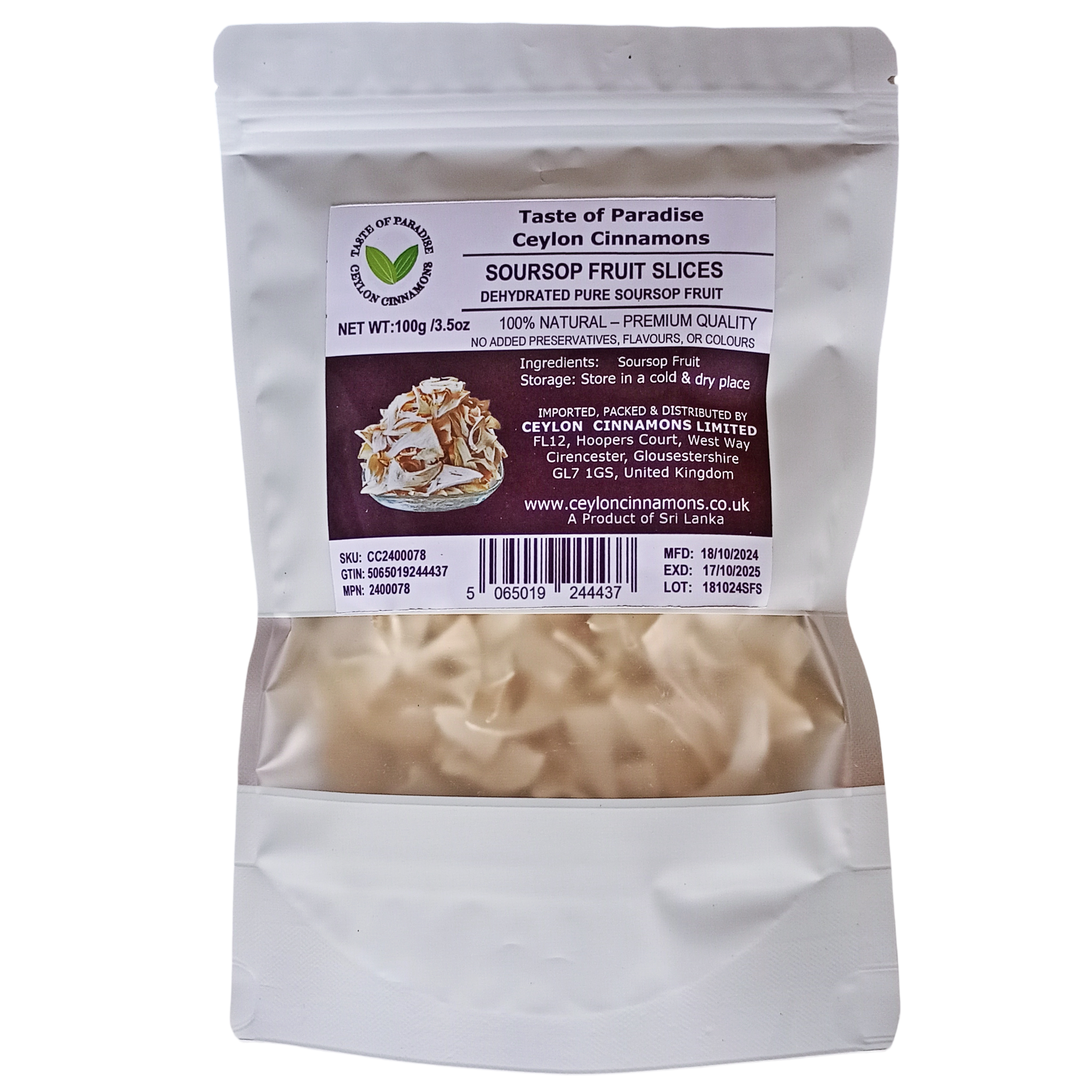 Soursop Fruit Slices, 100g, in Resealable Pouch, Dehydrated 100% Pure & Natural, Grade A Healthy Tasty Fruit Powder