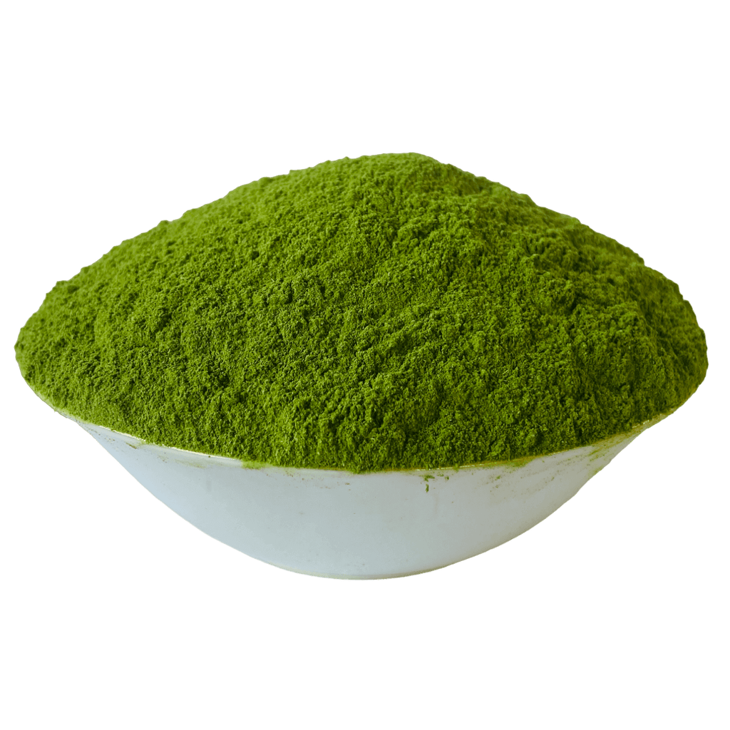Dried Moringa Leaves Powder in a white bowl, 100g, natural superfood, rich in nutrients.