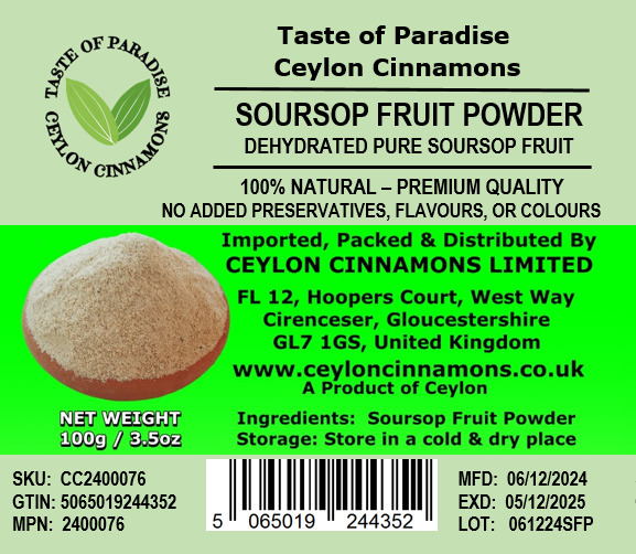 Soursop Fruit Powder, Also known as graviola, 100g, in Resealable Pouch, Dehydrated 100% Pure & Natural, Grade A Healthy Tasty Fruit Powder