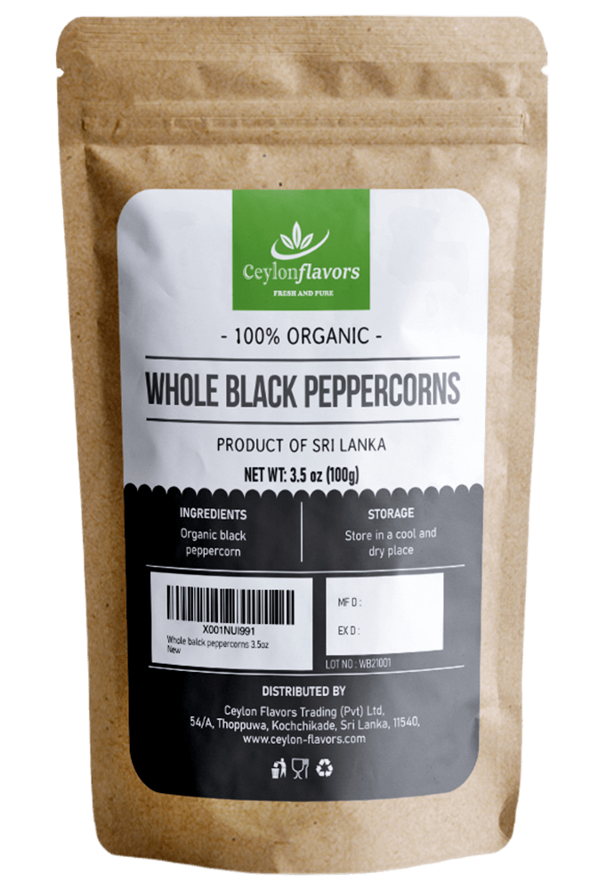 Black Peppercorns Whole 100g (3.5oz) - Organic - Premium Grade, Food, Beverages & Tobacco > Food Items > Seasonings & Spices by Ceylon Cinnamons,